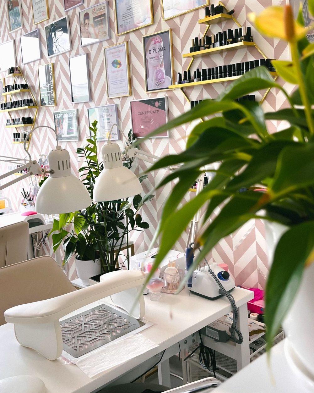 Wnętrze salonu Larina: stanowiska do manicure, rośliny i różowo-biała ściana
